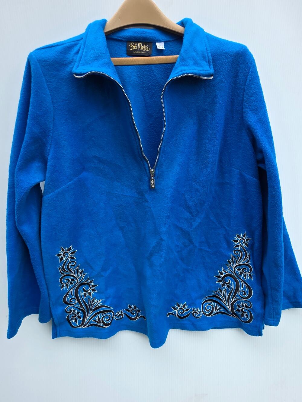 Bright Blue Bob Mackie Wearable Art Embroidered Fleece 1/4 Zip Pullover Size L